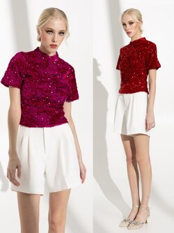 เสื้อแฟชั่น เสื้อกี่เพ้าแขนสั้น ผ้ากำมะหยี่ปักเลื่อมวิบวับ เนื้อนุ่มยืดหยุ่น มีซับในเต็มตัว