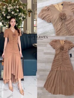 เดรสแฟชั่น Mocha Blossom Dress – เดรสชีฟองผูกอก สีมอคค่านุ่มละมุน