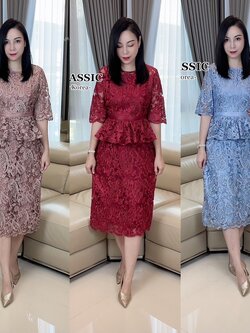 เดรสแฟชั่น เดรสลูกไม้เอวระบาย ใช่ผ้าลูกไม้งานปักลายด้วยไหมเนื้อเงา