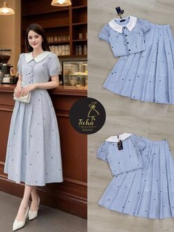 ชุดเซทแฟชั่น Set 2ชิ้น เสื้อครอป + กระโปรง เสื้อคอปกแขนตุ๊กตา กระดุมหน้า