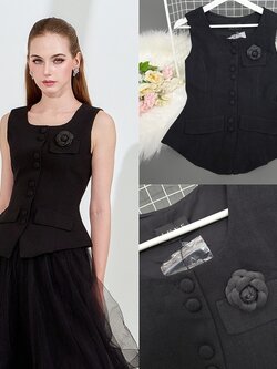 เสื้อแฟชั่น เสื้อกั๊กแขนกุด ติดกระดุมผ่าหน้า แต่งกระเป๋าและเข็มกลัดดอกไม้