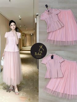 ชุดเซทแฟชั่น Set.3 ชิ้นเสื้อ+ กระโปรง+เข็มกลัด เสื้อแขนสั้นคอปกสีชมพู ดีเทลแต่งกระดุมเพชรด้านหน้า