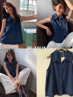 เสื้อแฟชั่น เสื้อแขนกุด ผ้ายีนส์ แพทเทิร์นน่ารักมาก แต่งกระดุมปั๊ม