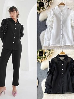 เสื้อแฟชั่น เสื้อเชิ้ตคอปกแขนยาว ดีเทลแต่งผ้าพลีทที่ต้นแขนพร้อมปักลูกปัดมุก