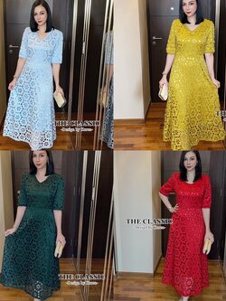 เดรสแฟชั่น เดรสลูกไม้ยาว ใช้ผ้าลูกขึ้นลายดอกไม้ เนื้อแน่นอย่างดีมีน้ำหนัก