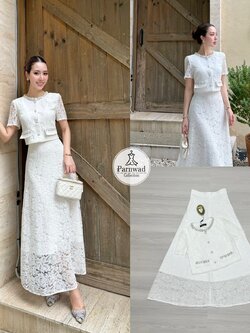 ชุดเซทแฟชั่น Set เสื้อลูกไม้เนื้อนิ่มกระดุมหน้าแต่งเลื่อมสีเงินที่คอและกระเป๋า มาพร้อมกับกระโปรงลูกไม้เอวสูง