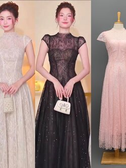 เดรสแฟชั่น เดรสเสื้อคอกลมแขนเต่อ กระโปรงบาน ดีเทลซีทรูที่บ่าและแขน