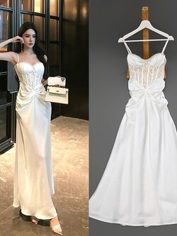 เดรสแฟชั่น แม็กซี่เดรสเสื้อสายเดี่ยว มีโครงสไตล์คอร์เซ็ต กระโปรงจับเดรป