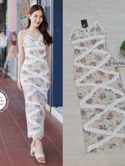 เดรสแฟชั่น Dress สวย เซ็กซี ผ้าลูกไม้ปักฉลุลายดอกทั้งตัว มีซับในอย่างดี