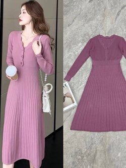 เดรสแฟชั่น เดรสยาวคลุมเข่าแขนยาวกระดุมหน้าด้านบนกระโปรงยาวแต่งบานออก