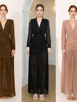 เดรสแฟชั่น แม็กซี่เดรสเสื้อคอวีป้าย แขนยาวเสริมไหล่ กระโปรงจับเดรปย่นเข้ารูปตรงสะโพก