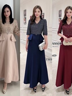 เดรสแฟชั่น ช่วงบนใช้ผ้าเนื้อดี ปักเลื่อมระยิบระยับประกายทั้งตัว แขนยาว 3 ส่วน