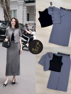 ชุดเซทแฟชั่น Set 4 ชิ้น เสื้อ+เสื้อครอป+กระโปรง+เข็มขัดเสื้อแขนสั้นสีเทา