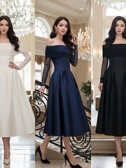 เดรสแฟชั่น เดรสเสื้อแขนยาวเปิดไหล่ กระโปรงยาวคลุมเข่า แขนเสื้อซีทรู