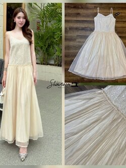 เดรสแฟชั่น เดรสสายเดี่ยวตัดต่อผ้า2ชนิด ช่วงบนผ้าทอสลับเลื่อมในตัวเล่นไฟสวยหรู