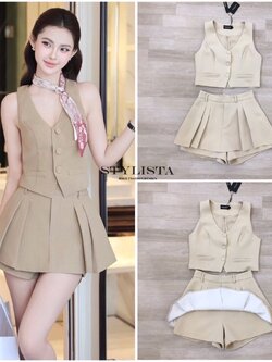 ชุดเซทแฟชั่น เซตเสื้อเบลเซอร์แขนกุด + กางเกงขาสั้นจีบหน้า