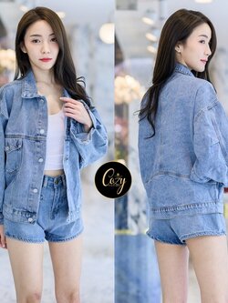 เสื้อแฟชั่น เสื้อยีนส์ฟอกผ้านิ่มแขนยาวติดกระดุมเงินปั๊มสีเงินปลายแขน อกผ่าหน้าติดกระดุมปั๊มเงิน 5 เม็ด