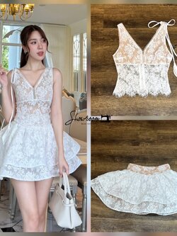 ชุดเซทแฟชั่น เซ็ตบัลเล่ผ้าลูกไม้ทอลายในตัว ดีไซน์สวย มาพร้อมสายผ้าพรอพอีก1เส้น