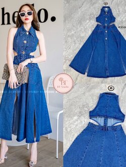 เดรสแฟชั่น เดรสยีนส์แขนกุดคอปกกระดุมหน้า เว้าเอวไปด้านหลัง ผ่าข้างสูงด้านหน้าทั้งสองข้าง