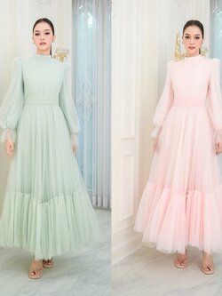 เดรสแฟชั่น แม็กซี่เดรสเสื้อคอปีนแขนยาว กระโปรงบานต่อชายรูดระบายรอบตัว