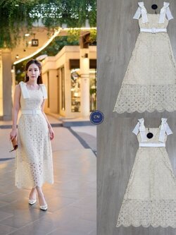 เดรสแฟชั่น เดรสยาวเนื้อผ้าลูกไม้ฉลุวงกลม ดีไซน์แขนกุดตรงบ่าแต่งโบว์ใหญ่สีครีมทั้งสองข้าง