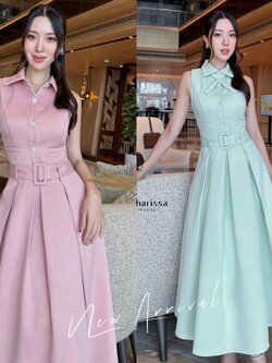 เดรสแฟชั่น เดรสผ้าพรีเมี่ยม มาพร้อมเข็มขัดและโชเกอร์