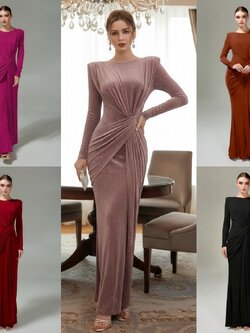 เดรสแฟชั่น แม็กซี่เดรสเสื้อคอกลมแขนยาว เสริมไหล่ กระโปรงยาวคลุมข้อเท้า