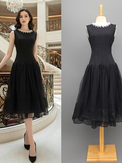 เดรสแฟชั่น เดรสเสื้อคอกลมแขนกุด กระโปรงบาน แต่งลูกปัดมุกรอบคอเสื้อ