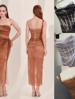 เดรสแฟชั่น เดรสเสื้อเกาะอก มีโครงแบบคอร์เซ็ต ซ้อนทับด้วยผ้าเน็ตจับเดรป กระโปรงจับเดรป