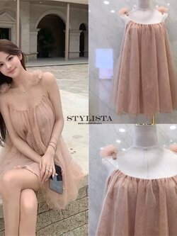 เดรสแฟชั่น เดรสสายเดี่ยวลูกไม้ชีฟองโทนชมพูอ่อนสไตล์เจ้าหญิงน้อย