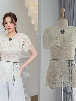 เสื้อแฟชั่น เสื้อลูกไม้ทรงเข้ารูป ดีไซน์เป็นเสื้อคลุมไหล่ในตัว ทำจากผ้าลูกไม้คอตตอนโครเชต์