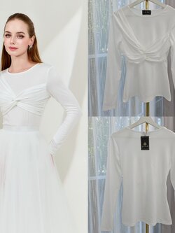 เสื้อแฟชั่น เสื้อคอกลมแขนยาว ลูกเล่นทวิสต์ที่คอเสื้อ ทรงเข้ารูปเล็กน้อย