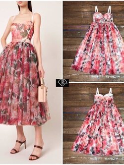 เดรสแฟชั่น เดรสลูกไม้ตาข่ายลายดอกกุหลาบสีชมพูแดง เนื้อผ้าลูกไม้ตาข่ายเนื้อนิ่มเกรดพรีเมี่ยม