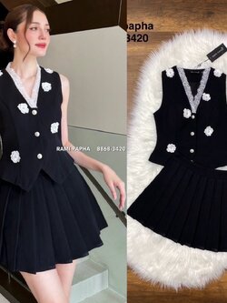 ชุดเซทแฟชั่น ชุดเซต สีดำสวยหรูคลาสสิค ดีเทลแต่งดอกไม้3D ประดับเพชร