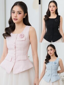 เสื้อแฟชั่น เสื้อกั๊กแขนกุด ติดกระดุมผ่าหน้า แต่งกระเป๋าและเข็มกลัดดอกไม้