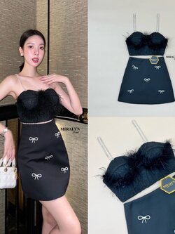 ชุดเซทแฟชั่น Set เสื้อสายเดี่ยวแต่งเพชรเม็ดใหญ่ช่วงอกแต่งขนนกงานแน่นมาก กระโปรงทรงสุดน่ารักมีเข็มกลัดโบว์