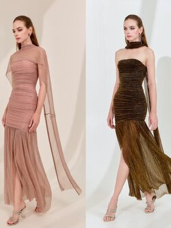 เดรสแฟชั่น เดรสเสื้อเกาะอกทรงเข้ารูป กระโปรงต่อชายระบาย ผ่าหน้า มาพร้อมผ้า mmคลุมไหล่