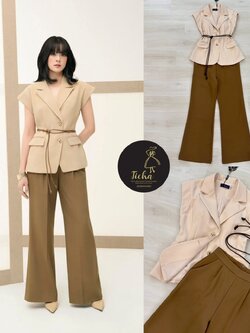 ชุดเซทแฟชั่น Set 3ชิ้น เสื้อ+กางเกง+สายเข็มขัด ดีเทลเสื้อคอปกทรงแขนล้ำโทนสีไอวอรี่