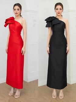 เดรสแฟชั่น เดรสเสื้อไหล่เดียวแขนกุด กระโปรงยาวทรงตรง แต่งโบว์ไซส์ใหญ่ที่ไหล่ขวา