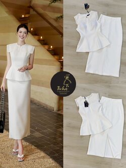 ชุดเซทแฟชั่นSet 2 ชิ้น เสื้อ+ กระโปรงยาว เสื้อแขนกุดสีขาวมีปกเสื้อแบบมีเท็กซ์เจอร์และแต่งอ่ะไหล่สีทอง