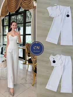 ชุดเซทแฟชั่น Set 2 ชิ้น เสื้อเกาะอกสีขาว ช่วงอกเสริมฟองน้ำ ด้านหน้าแต่งแถบกุ้นลาย (ซิปหลัง)