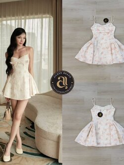 เดรสแฟชั่น มินิเดรสสายเดี่ยวสีขาวครีม ลายดอกไม้เล็กๆ