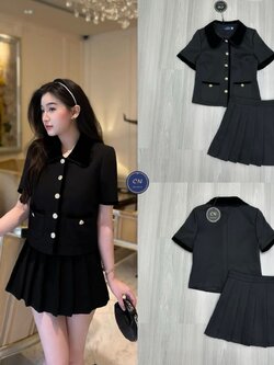 ชุดเซทแฟชั่น Set 2 ชิ้น สีดำเสื้อครอปแขนสั้น ดีเทลเย็บต่อคอปกและกุ๊นผ้ากำมะหยี่