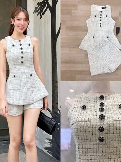 ชุดเซทแฟชั่น เซ็ตแฟชั่นลุคผู้ดีสไตล์ฝรั่งเศส ผ้าทวีตลายตารางคลาสสิก