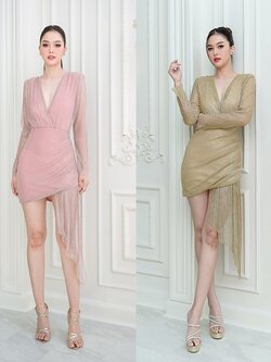 เดรสแฟชั่น เดรสเสื้อแขนยาวเสริมไหล่ คอป้ายจับเดรป กระโปรงทรงเข้ารูป