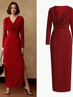 เดรสแฟชั่น แม็กซี่เดรสเสื้อแขนยาวคอวี ดีเทลด้านนอกเป็นคอถ่วง กระโปรงทรงสอบผ่าข้าง