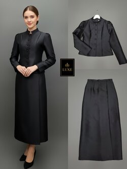 ชุดเซทแฟชั่น เซ็ทเสื้อเข้ารูปผ่าหน้าแขนยาวทรงกระบอก จับคู่กระโปรงป้ายยาวทรงสอบ