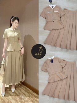 ชุดเซทแฟชั่น ชุดเซต2ชิ้น สีครีมเสื้อแขนสั้นดีเทลคอจีน แต่งขลิบสีขาวที่คอและช่วงอก