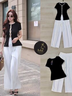 ชุดเซทแฟชั่น เสื้อยืด+กางเกงขายาว เสื้อแขนสั้นสีดำคอกลมแต่งกุ้นขอบคอ