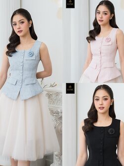 เสื้อแฟชั่น เสื้อกั๊กแขนกุด ติดกระดุมผ่าหน้า แต่งกระเป๋าและเข็มกลัดดอกไม้